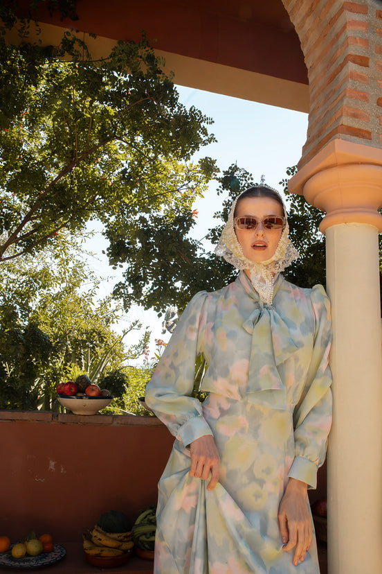 Chiffon Pastel Printed Dress with Neck Bow Tie