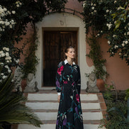 Front Gathered Print Dress with Ivory Collar & Cuffs