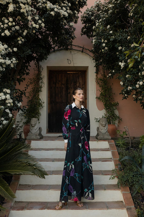 Front Gathered Print Dress with Ivory Collar & Cuffs