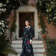 Front Gathered Print Dress with Ivory Collar & Cuffs