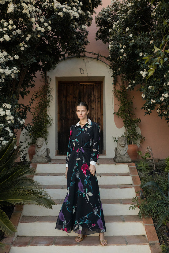 Front Gathered Print Dress with Ivory Collar & Cuffs