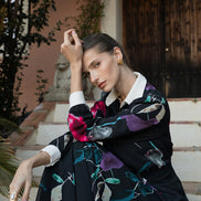 Front Gathered Print Dress with Ivory Collar & Cuffs