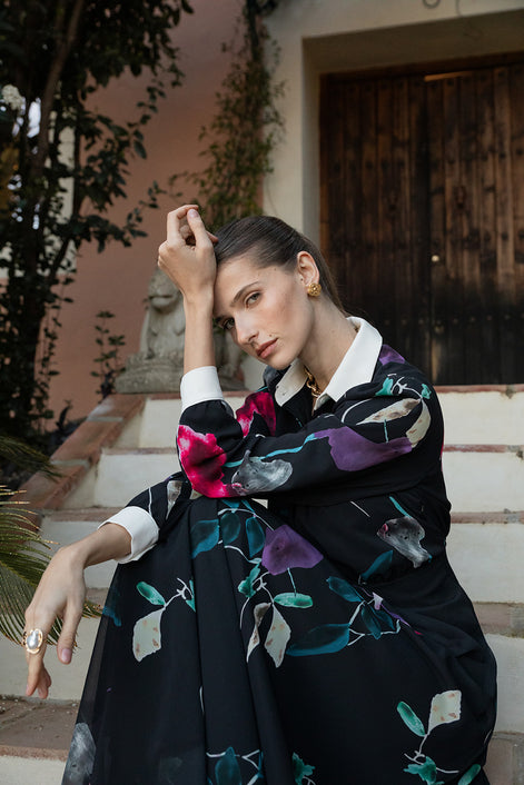 Front Gathered Print Dress with Ivory Collar & Cuffs