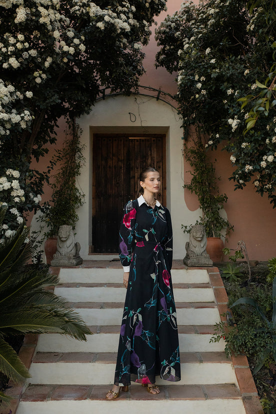 Front Gathered Print Dress with Ivory Collar & Cuffs