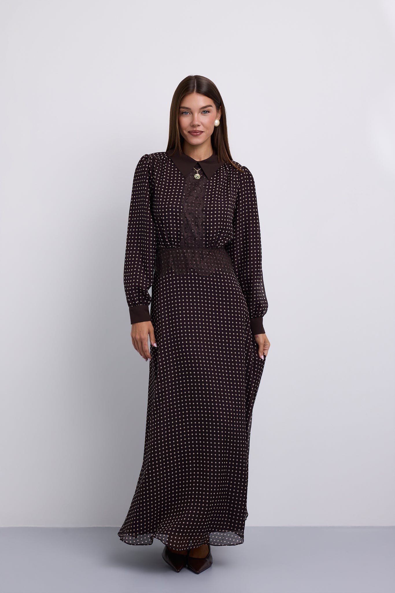 Polka Dot Aline Dress with Lace Paneled Detail