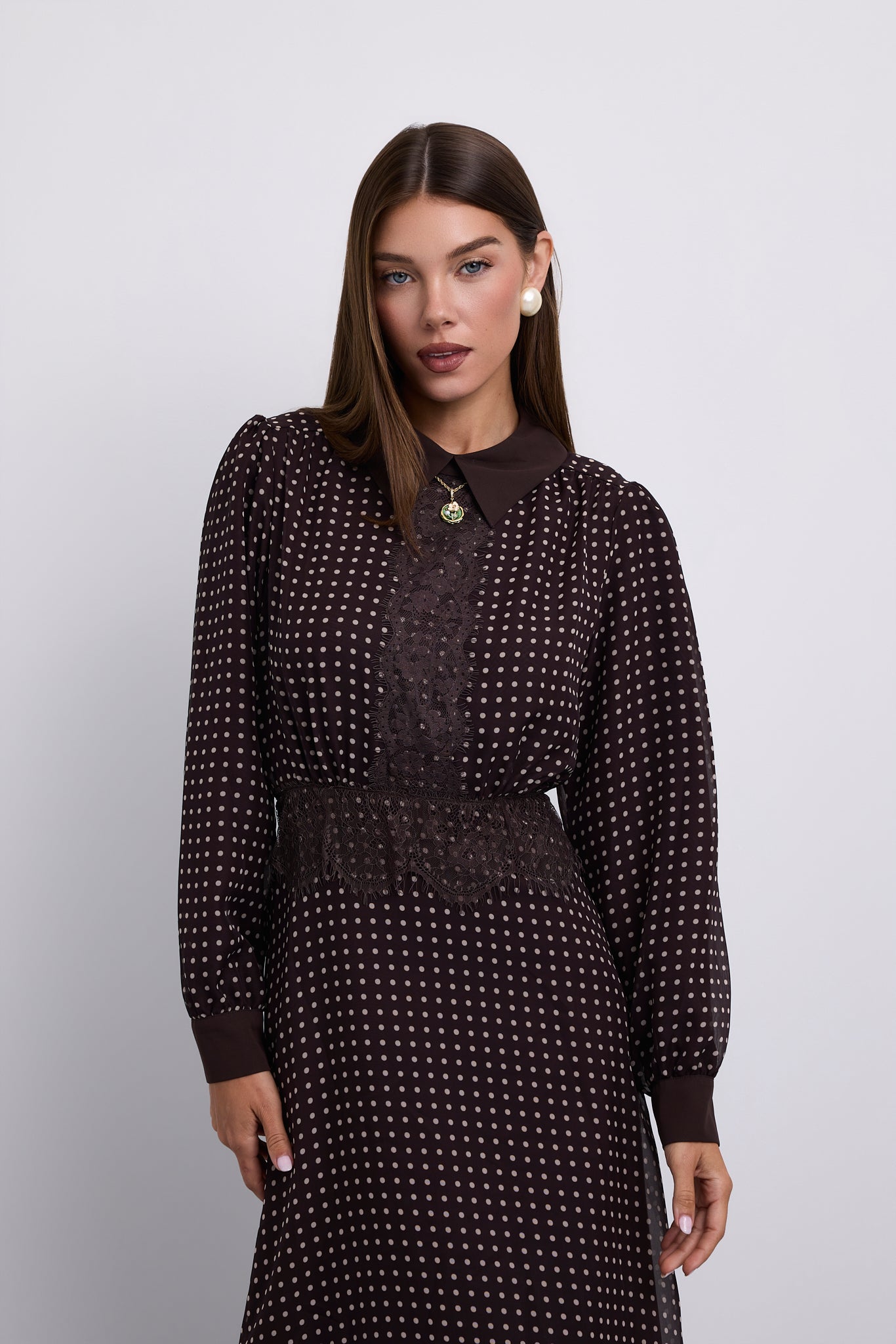 Polka Dot Aline Dress with Lace Paneled Detail