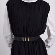 Gathered Shoulder Seam Sleeveless Dress with Leather Belt
