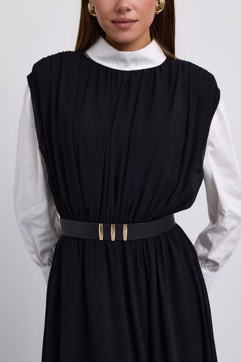 Gathered Shoulder Seam Sleeveless Dress with Leather Belt
