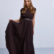 Gathered Shoulder Seam Sleeveless Dress with Leather Belt