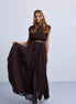 Gathered Shoulder Seam Sleeveless Dress with Leather Belt - Brown