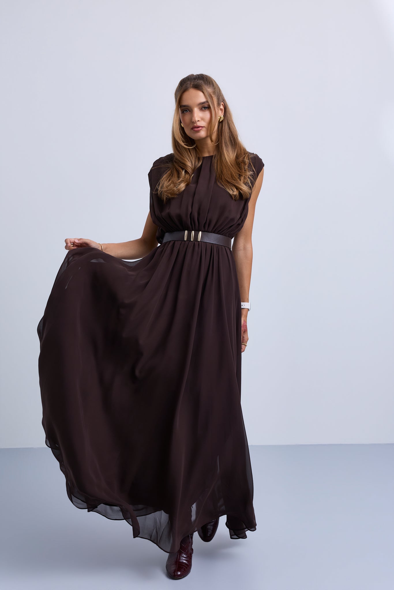 Gathered Shoulder Seam Sleeveless Dress with Leather Belt