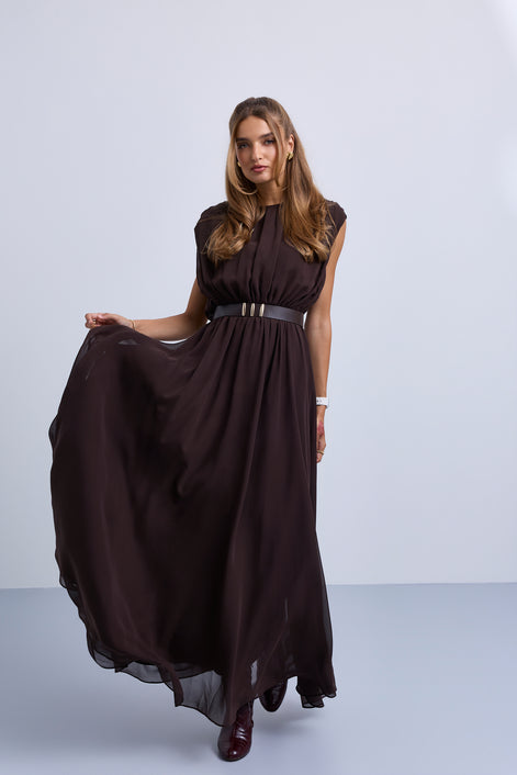 Gathered Shoulder Seam Sleeveless Dress with Leather Belt
