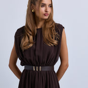 Gathered Shoulder Seam Sleeveless Dress with Leather Belt