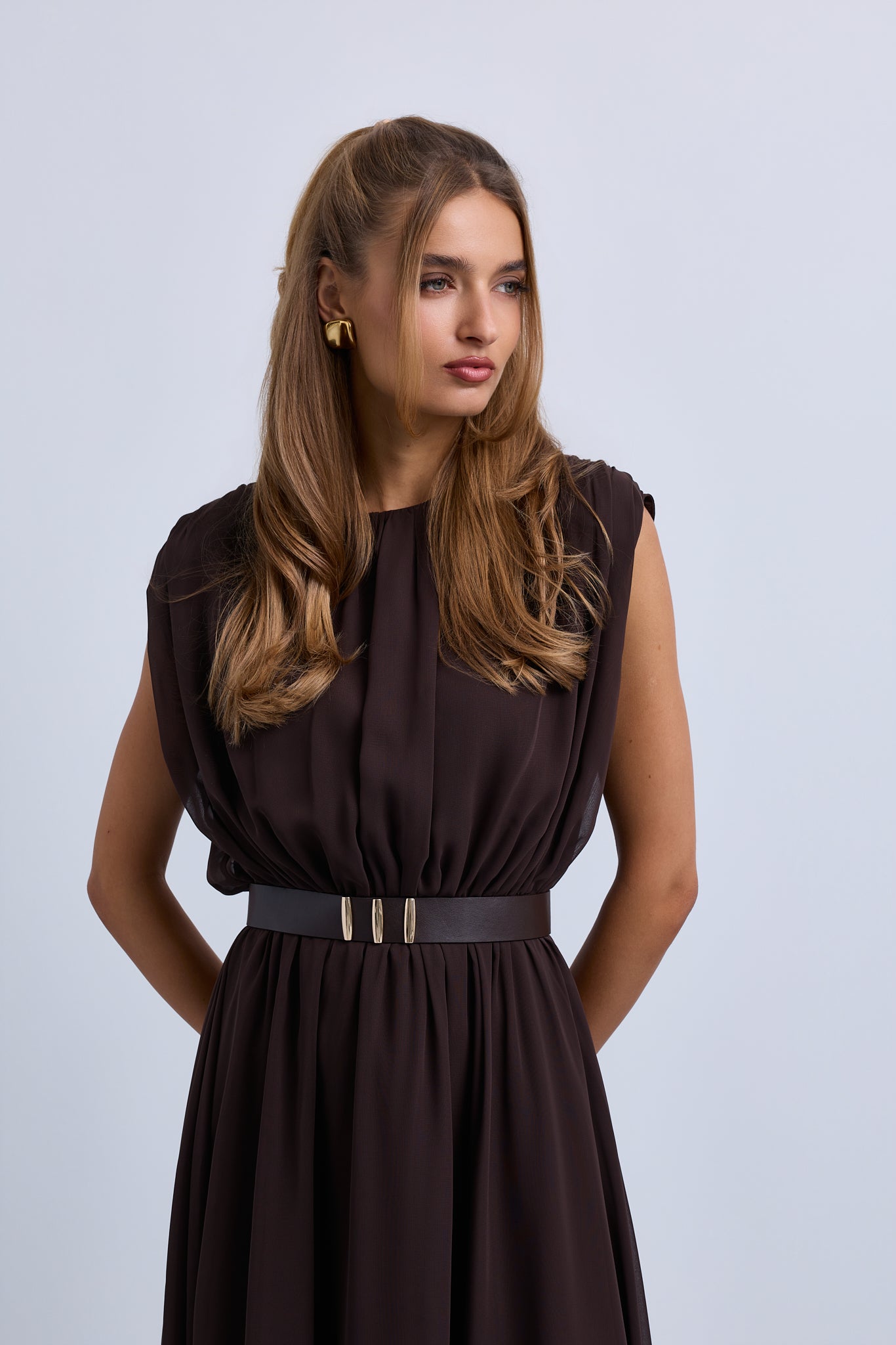 Gathered Shoulder Seam Sleeveless Dress with Leather Belt