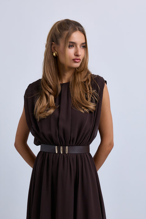 Gathered Shoulder Seam Sleeveless Dress with Leather Belt