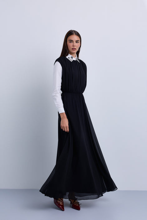 Gathered Shoulder Seam Sleeveless Dress with Leather Belt