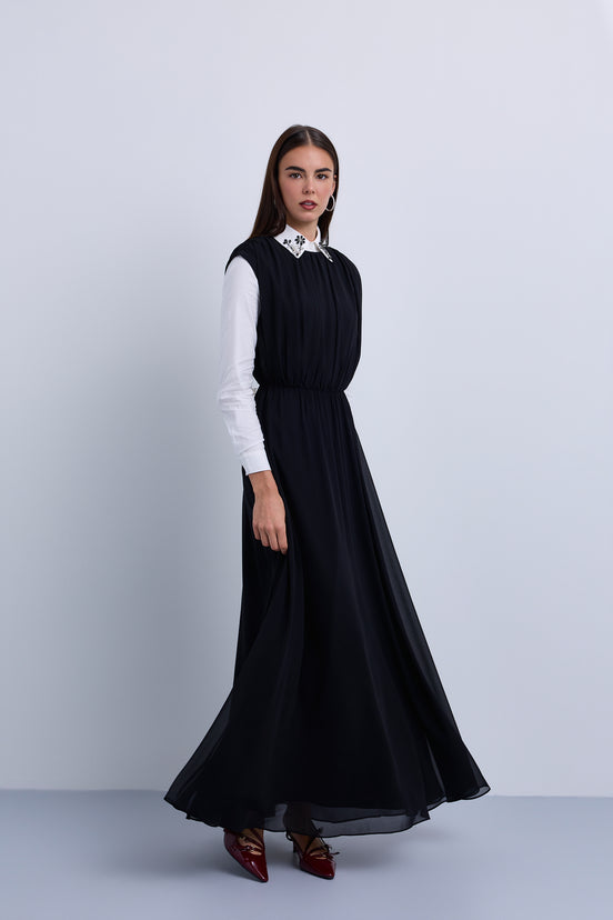 Gathered Shoulder Seam Sleeveless Dress with Leather Belt