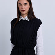 Gathered Shoulder Seam Sleeveless Dress with Leather Belt