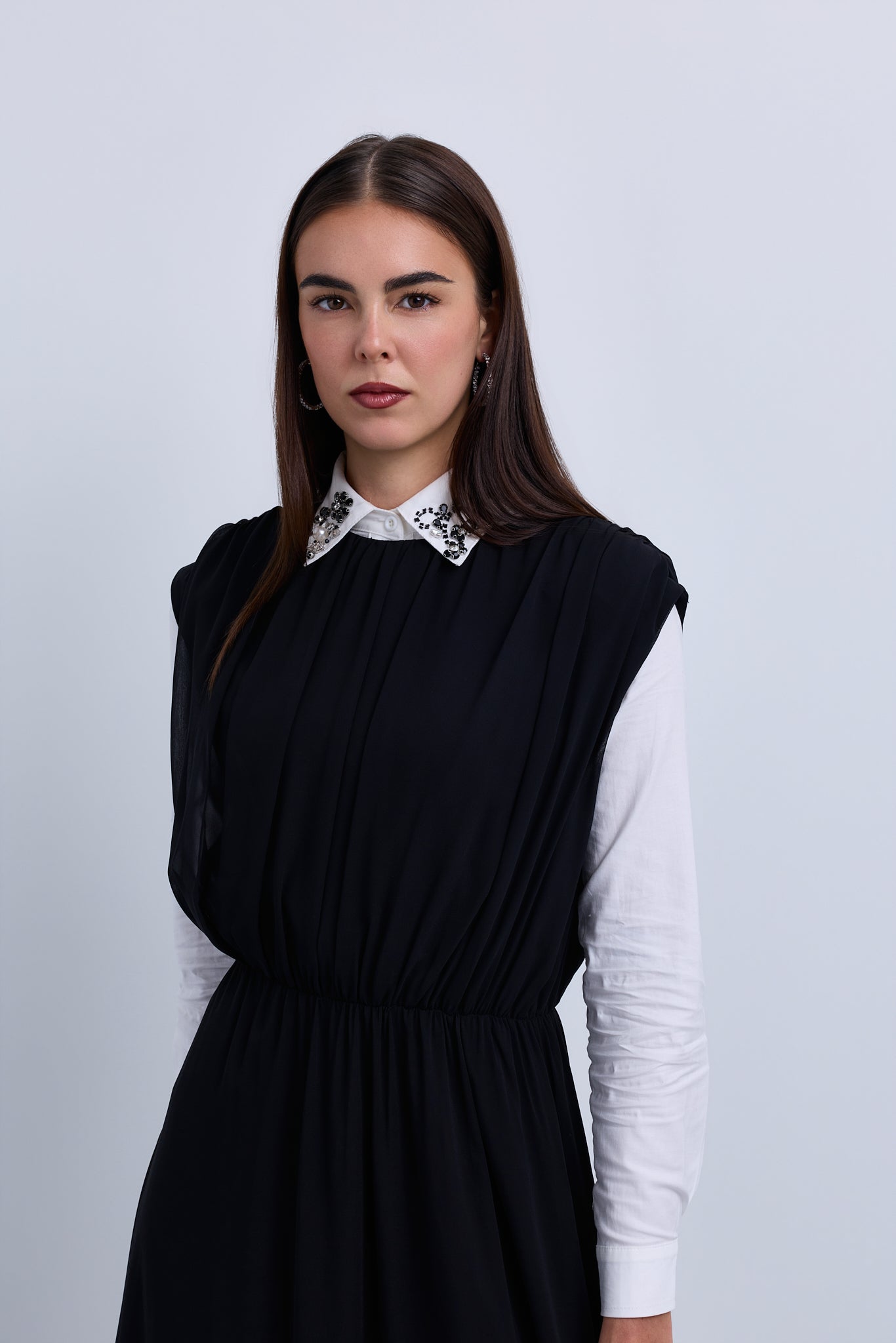 Gathered Shoulder Seam Sleeveless Dress with Leather Belt