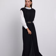 Gathered Shoulder Seam Sleeveless Dress with Leather Belt