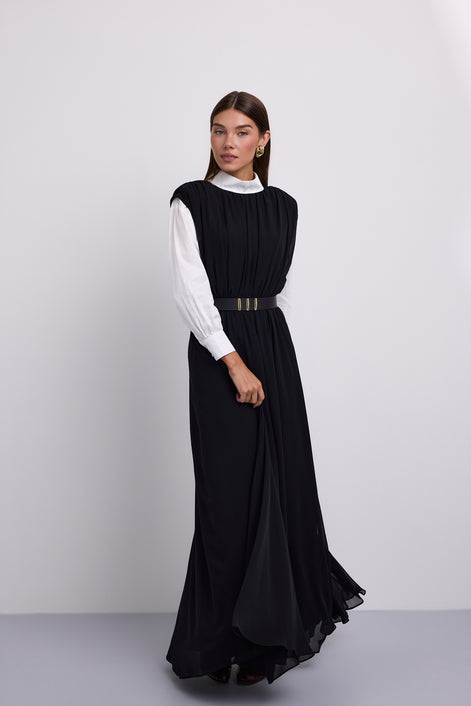 Gathered Shoulder Seam Sleeveless Dress with Leather Belt