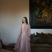 Puff Sleeve Button Front Pleated Waist Gown with Belt