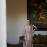 Puff Sleeve Button Front Pleated Waist Gown with Belt