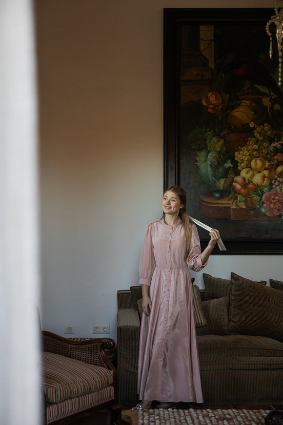 Puff Sleeve Button Front Pleated Waist Gown with Belt