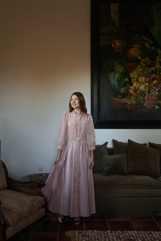 Puff Sleeve Button Front Pleated Waist Gown with Belt