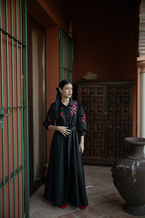 Taffeta Gown with Embroidered Colour Pop Flowers