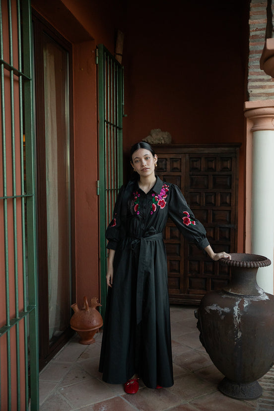 Taffeta Gown with Embroidered Colour Pop Flowers