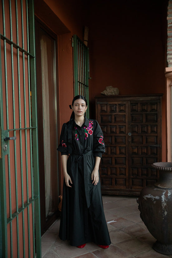 Taffeta Gown with Embroidered Colour Pop Flowers