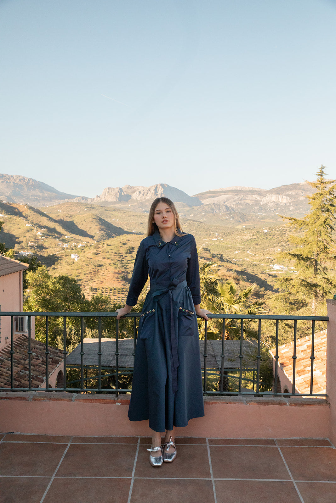 Taffeta Gown with Stone Embellished Collar and Pockets