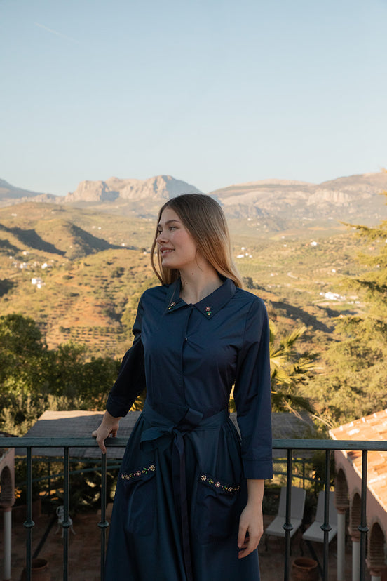 Taffeta Gown with Stone Embellished Collar and Pockets