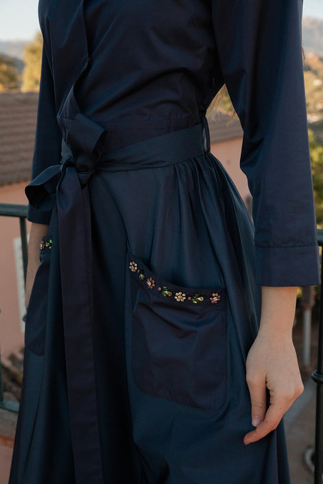 Taffeta Gown with Stone Embellished Collar and Pockets