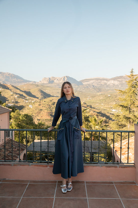 Taffeta Gown with Stone Embellished Collar and Pockets