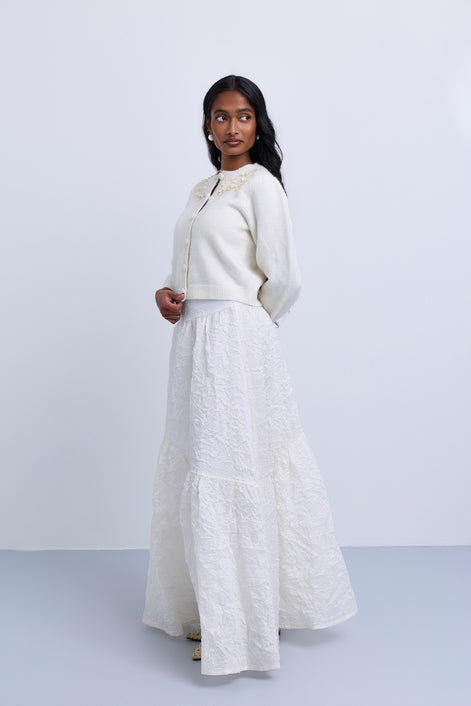 Asymmetric Tiered Brocade Skirt