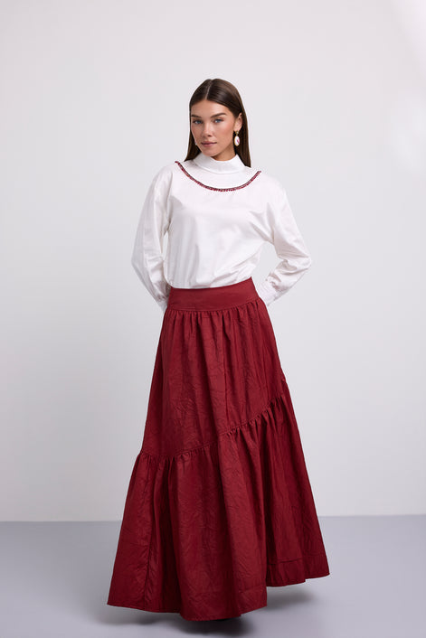 Asymmetric Tiered Brocade Skirt