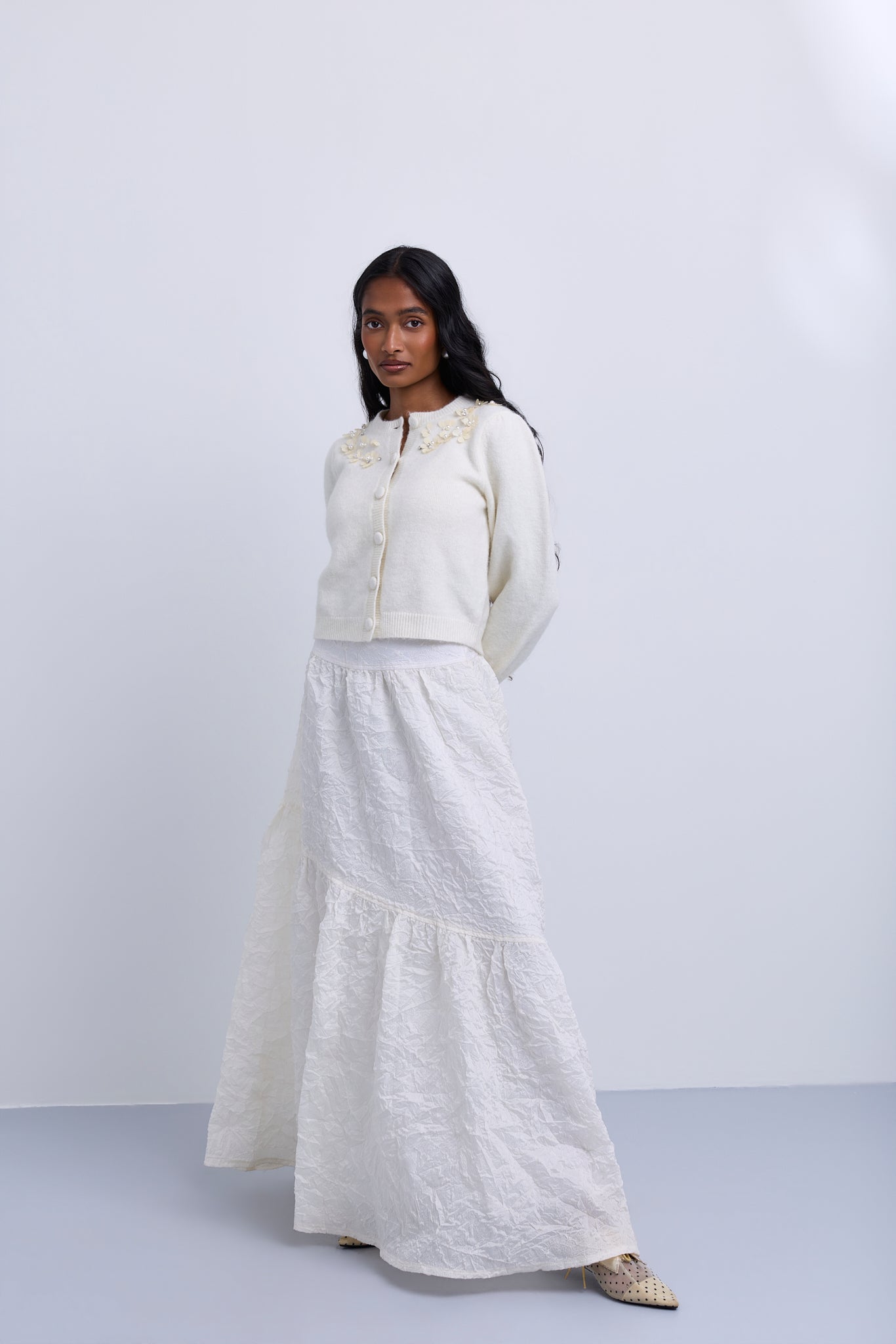 Asymmetric Tiered Brocade Skirt