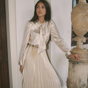 Pleated Lame Maxi Dress with Gold Chain Belt