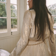 Pleated Lame Maxi Dress with Gold Chain Belt