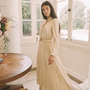 Pleated Lame Maxi Dress with Gold Chain Belt