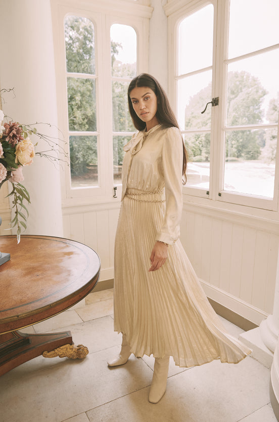 Pleated Lame Maxi Dress with Gold Chain Belt