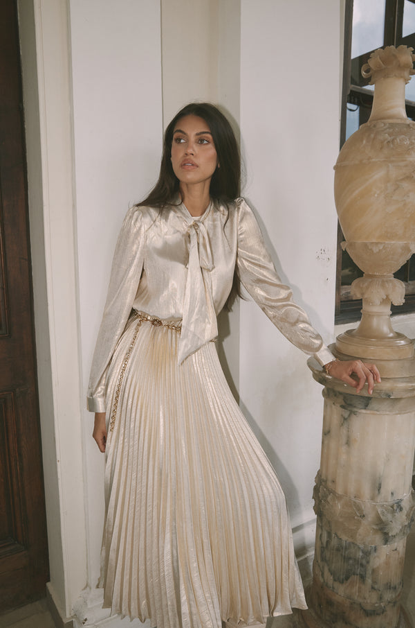 Pleated Lame Maxi Dress with Gold Chain Belt