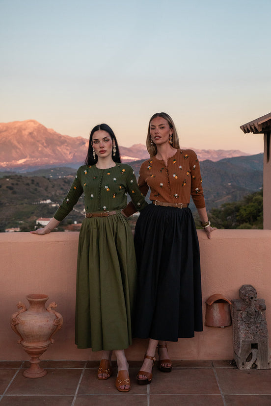 Pleated Maxi Skirt with Leather Belts