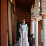 Broderie Poplin Dress with Pointed Navy Collar