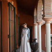 Broderie Poplin Dress with Pointed Navy Collar