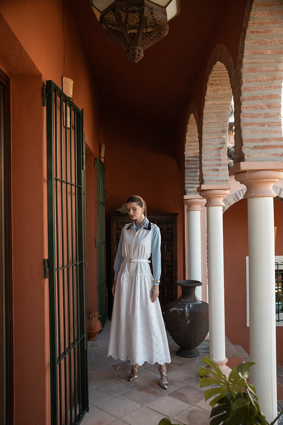 Broderie Poplin Dress with Pointed Navy Collar