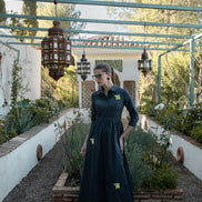 Navy Cotton Dress with Motif Embroidery