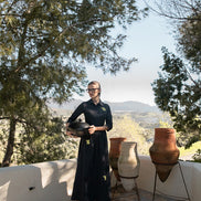 Navy Cotton Dress with Motif Embroidery